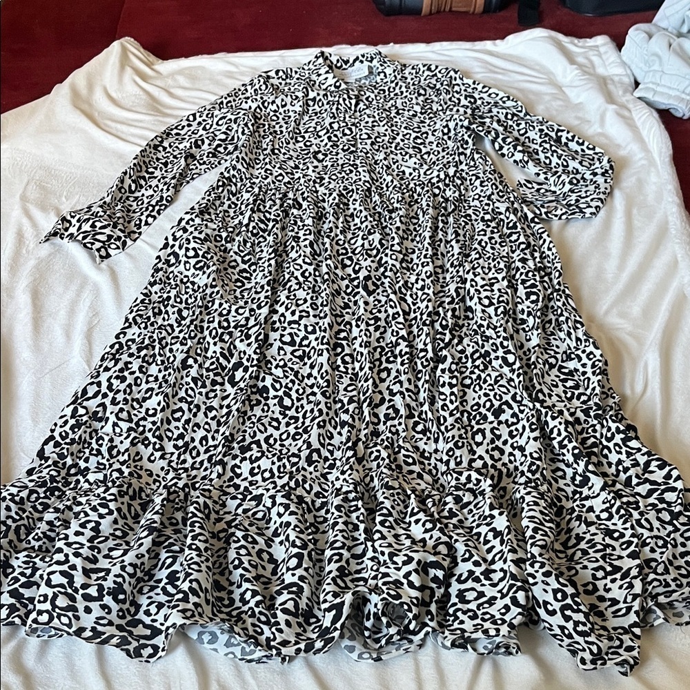 Anthropologie Mare Mare Lynda Maxi Dress Black White Leopard Ruffle Pockets - Picture 4 of 9